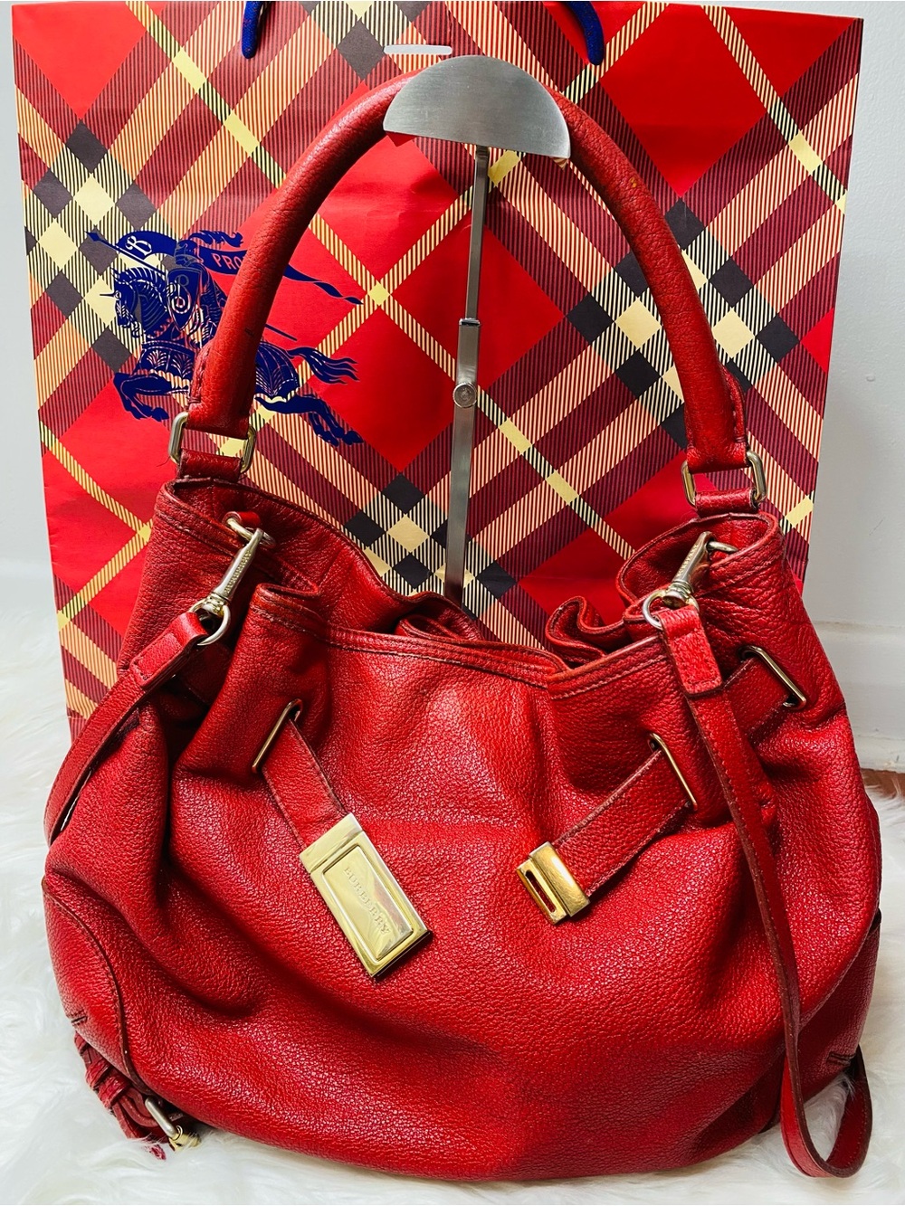 Burberry Willenmore Leather Hobo/ Crossbody Bag in Red Pebbled Calfskin Leather